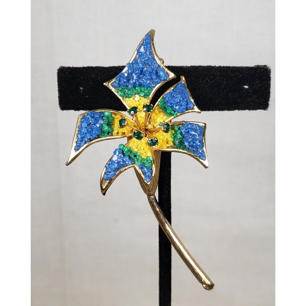 Vtg St Labre Blue Yellow Gravel Rock Rhinestone Lily Flower Gold Tone Pin Brooch